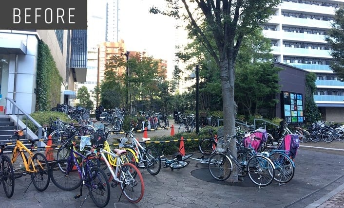 ビル周辺は放置自転車でいっぱい