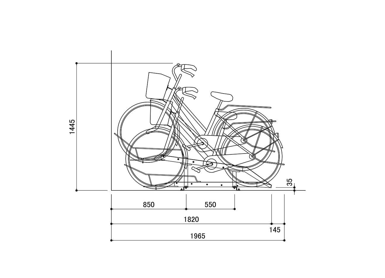 傾斜ラック：BC-300の駐輪場断面図。