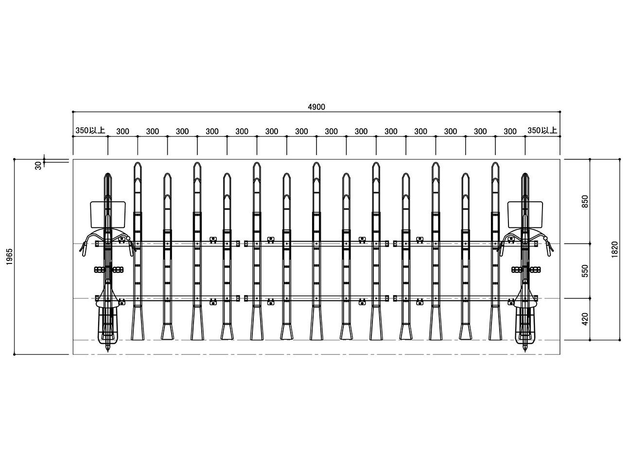 傾斜ラック：BC-300の駐輪場平面図。