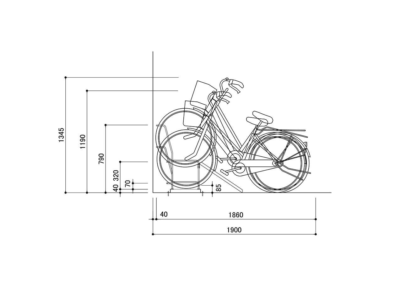 平置きラック：BC-450の駐輪場断面図。