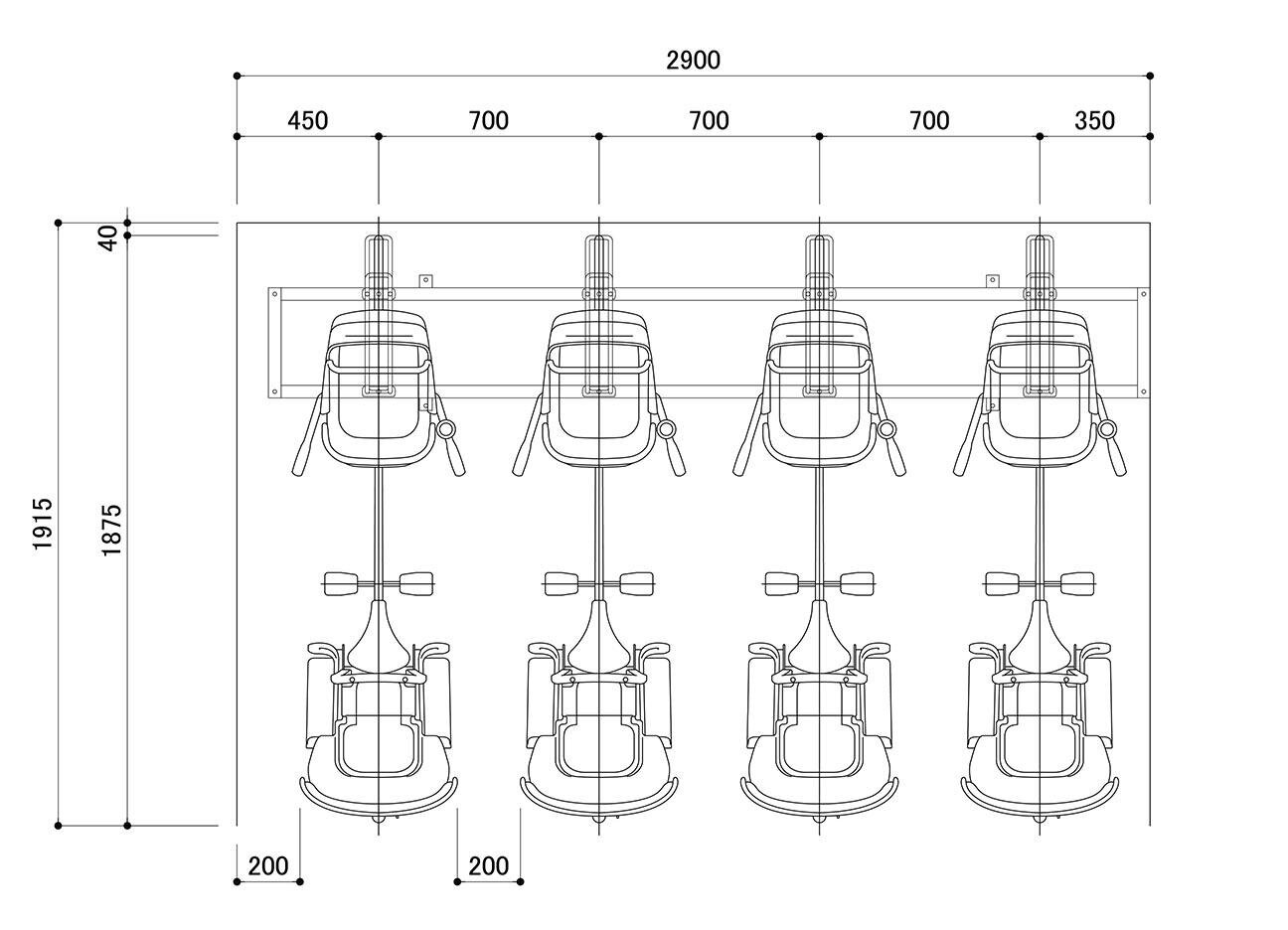 平置きラック：BC-450L（3人乗りタイプ）の駐輪場平面図。