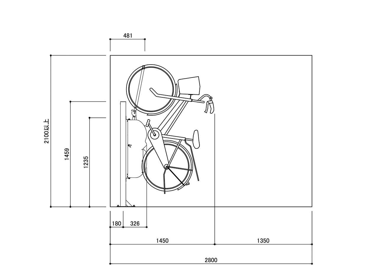 サイクルフックBC-FAの駐輪場断面図。