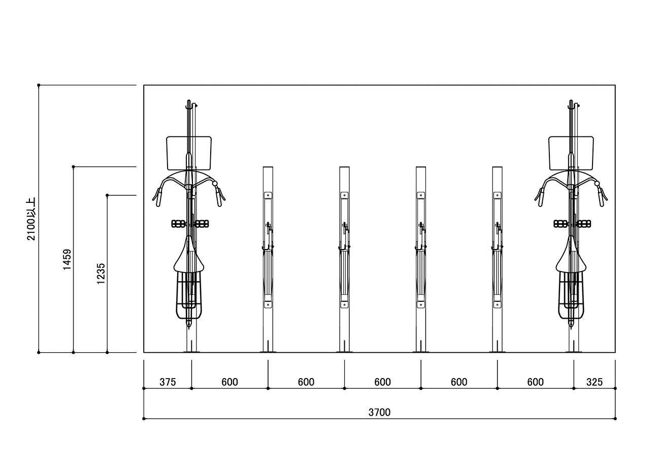 サイクルフックBC-FAの駐輪場立面図。