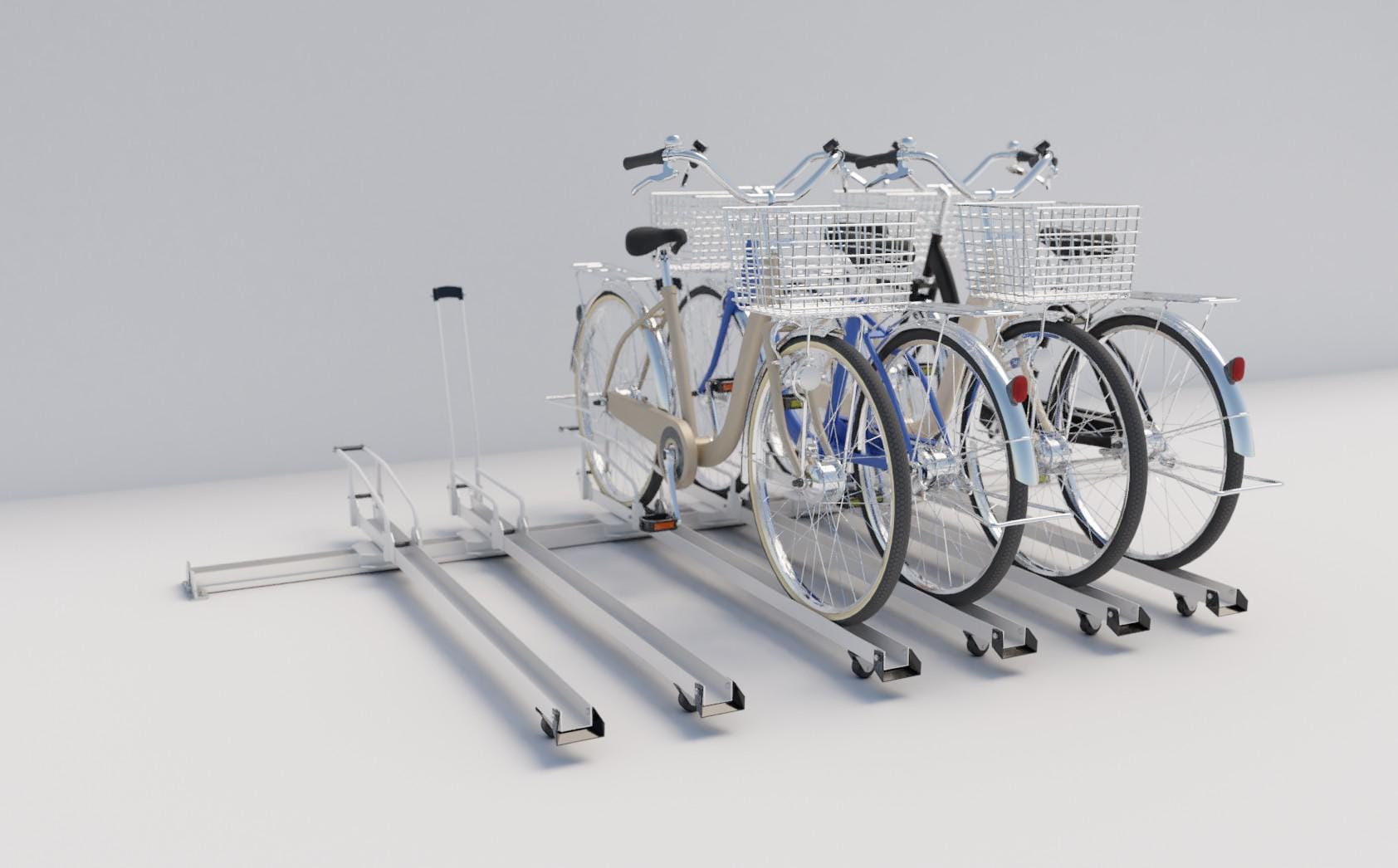スライド式自転車ラック：エニイスライドBC-OSRに自転車が収容されている3D画像。