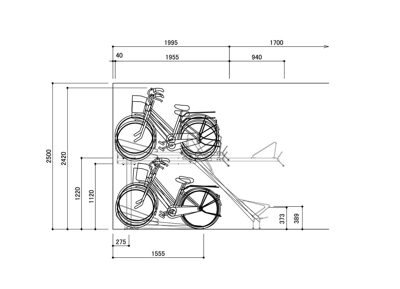 2段式自転車ラック：BC-W-1G (着地式)の駐輪場断面図。