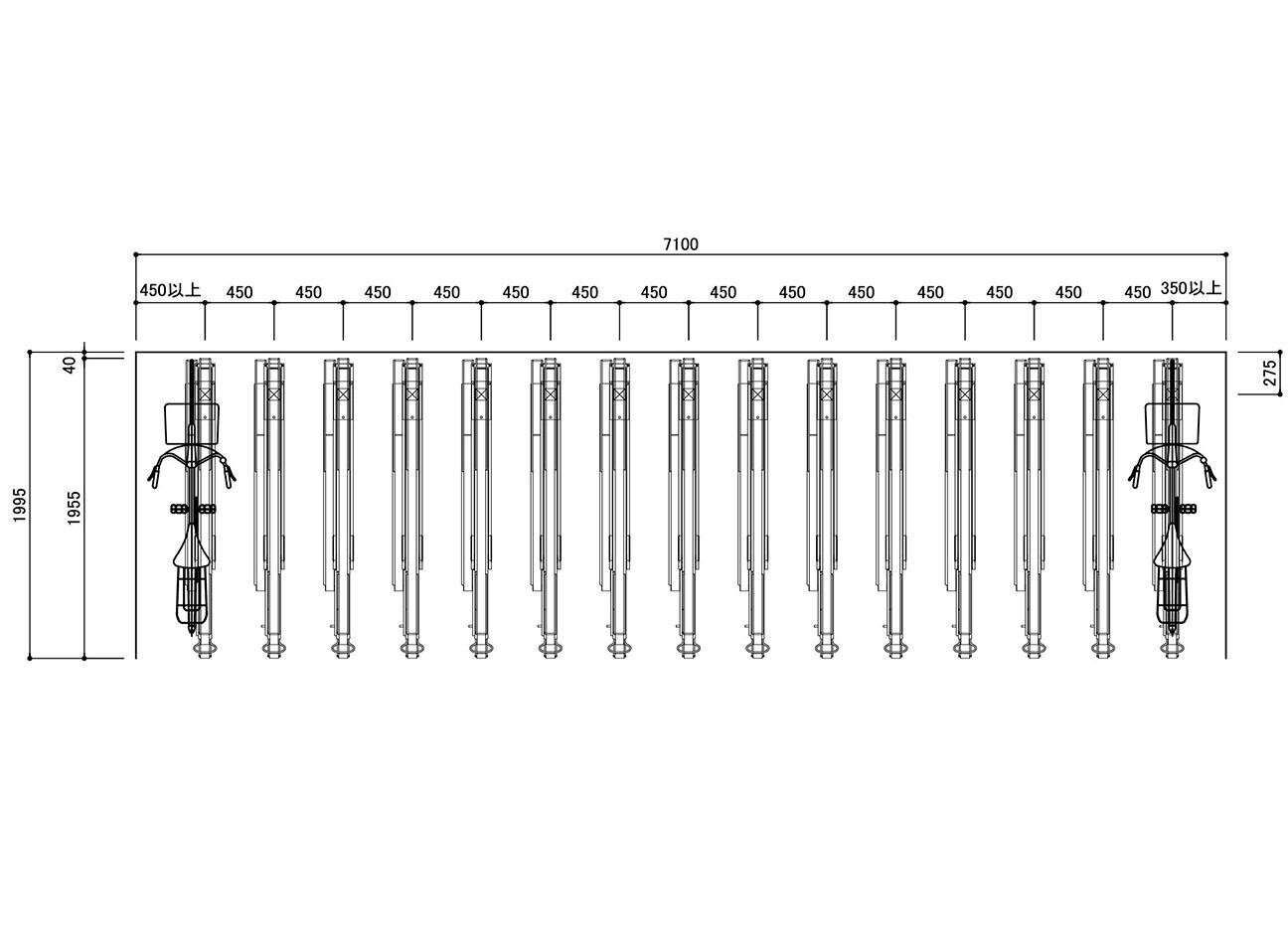 2段式自転車ラック：BC-W-1G (着地式)の駐輪場平面図。