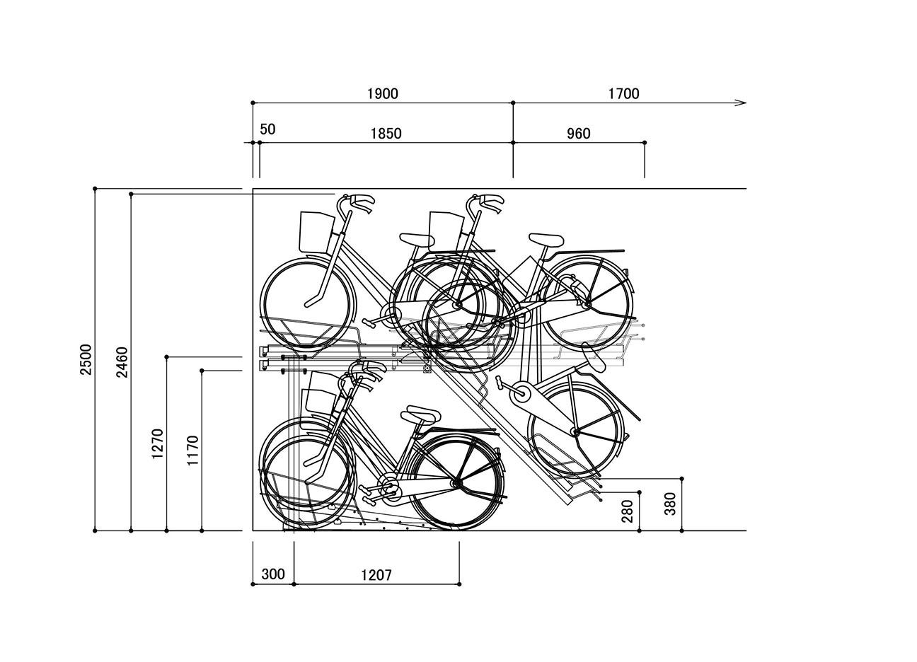 2段式自転車ラック：BC-W-1GH (中空式)の駐輪場断面図。