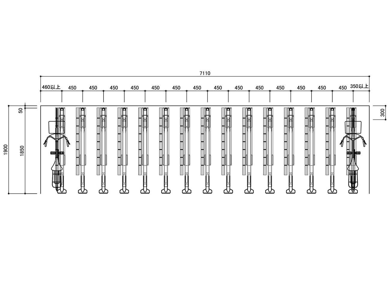 2段式自転車ラック：BC-W-1GH (中空式)の駐輪場平面図。