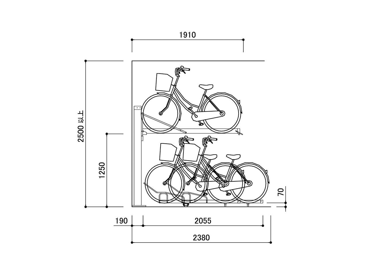 垂直2段式自転車ラック：BC-W-AIRの駐輪場断面図。