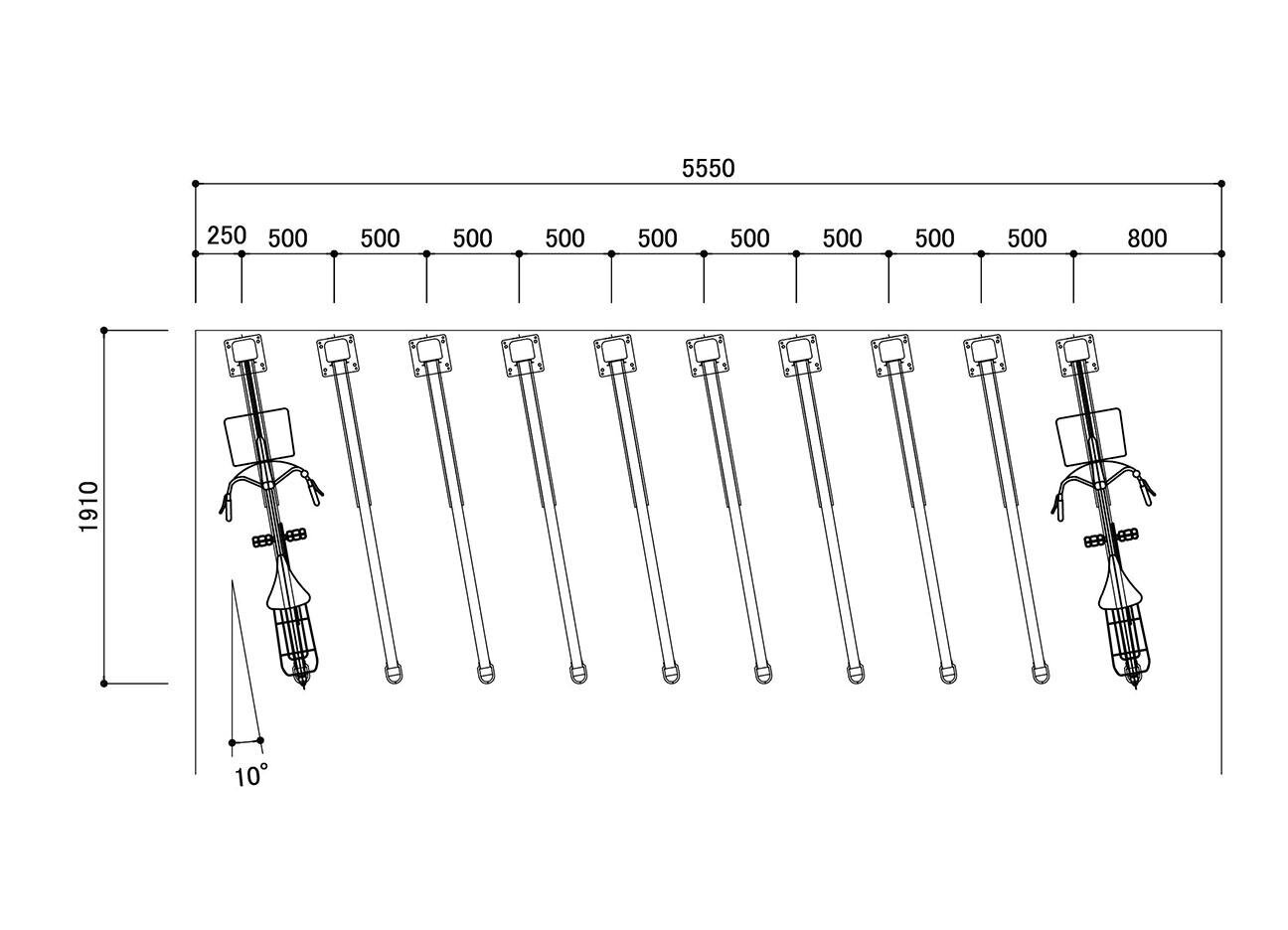 垂直2段式自転車ラック：BC-W-AIRの駐輪場平面図（上段）。