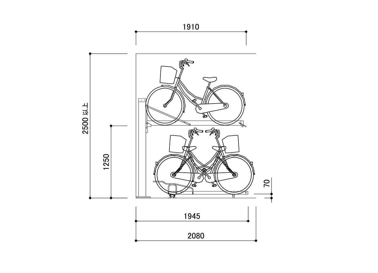 垂直2段式自転車ラック：BC-W-AIR（前後入れ）の駐輪場断面図。