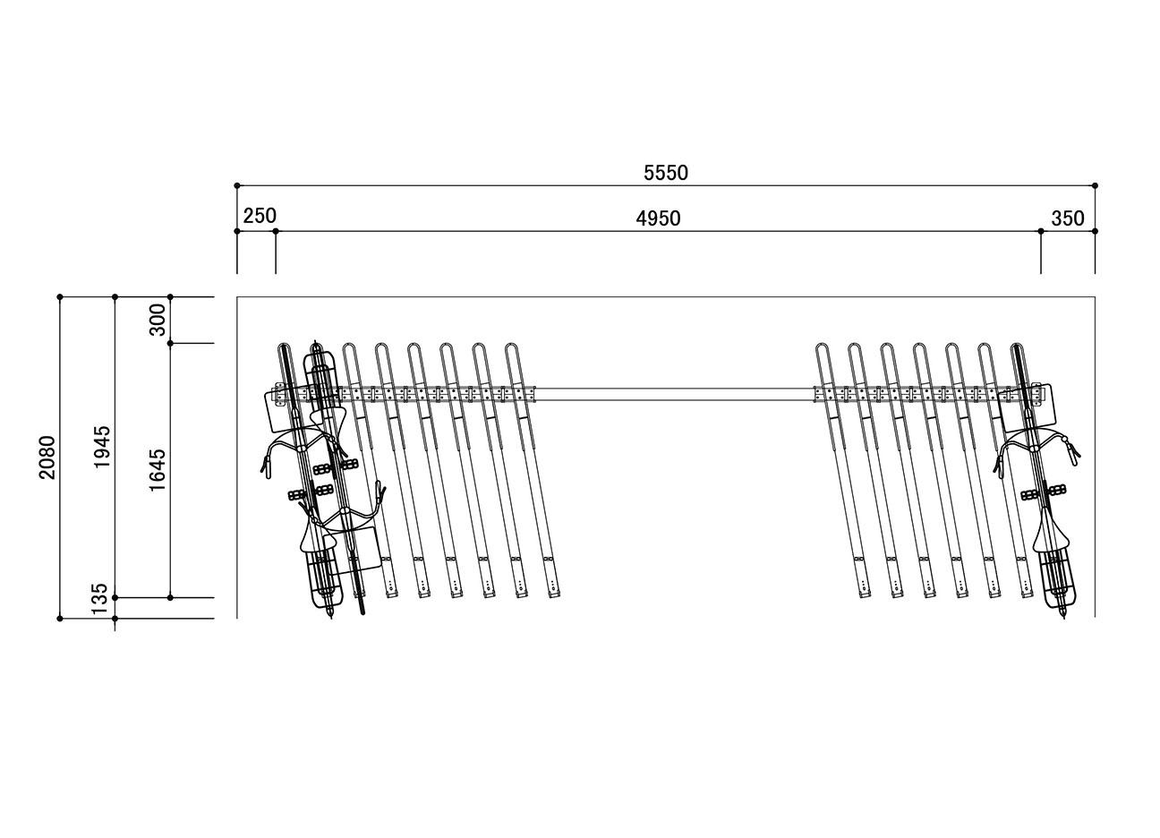 垂直2段式自転車ラック：BC-W-AIR（前後入れ）の駐輪場平面図（下段）。