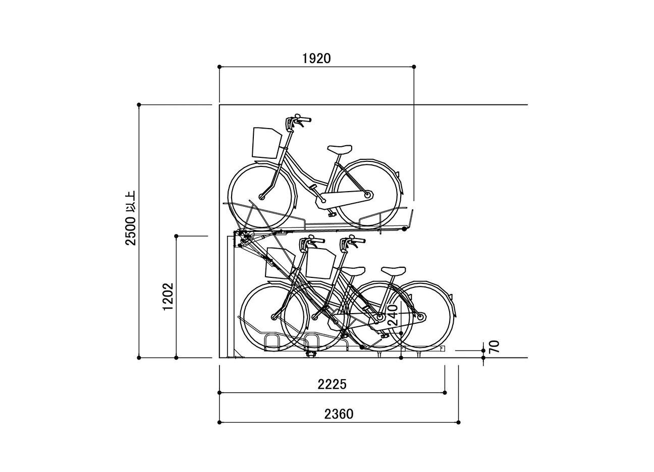 2段式下段スライドラック：BC-W-ダイレクトの駐輪場断面図。