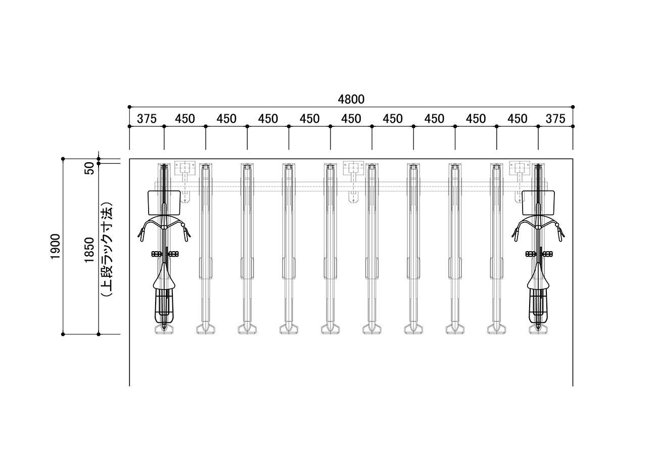 2段式下段スライドラック：クランクSGの駐輪場平面図（上段）。