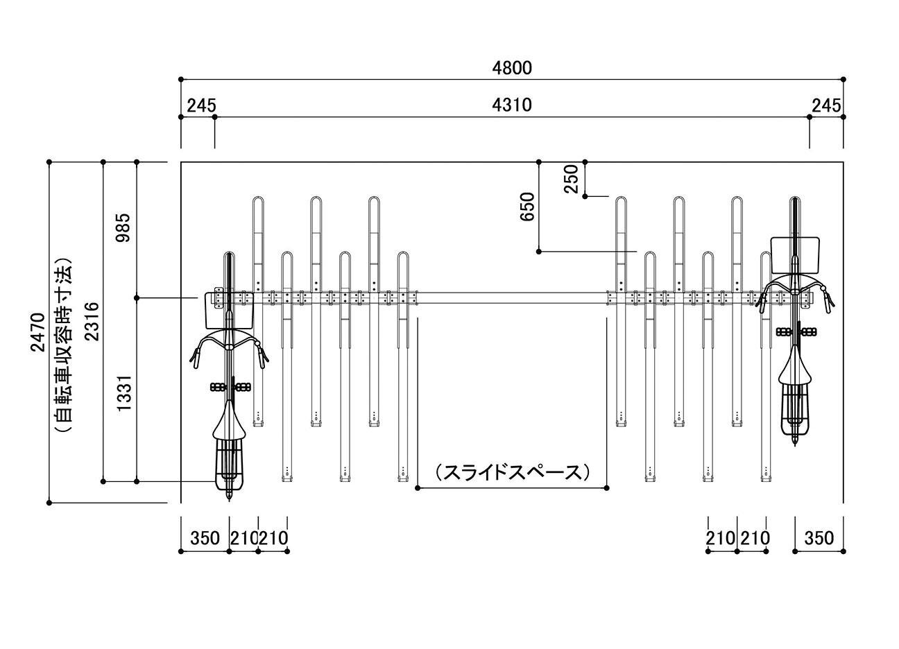2段式下段スライドラック：クランクSGの駐輪場平面図（下段）。