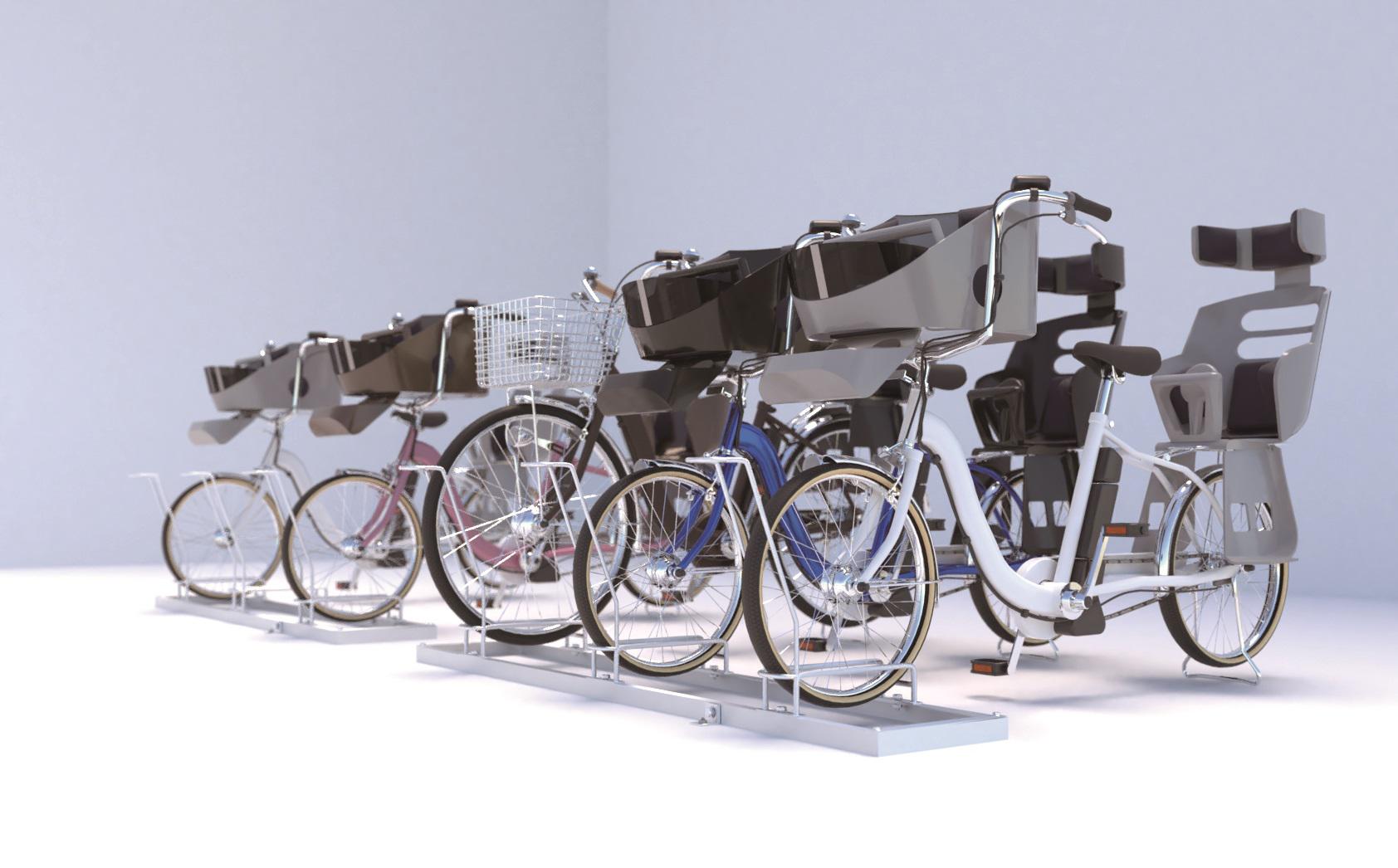 平置ラック：BC-450L（3人乗りタイプ）に3人乗り電動自転車が収容されている3D画像。