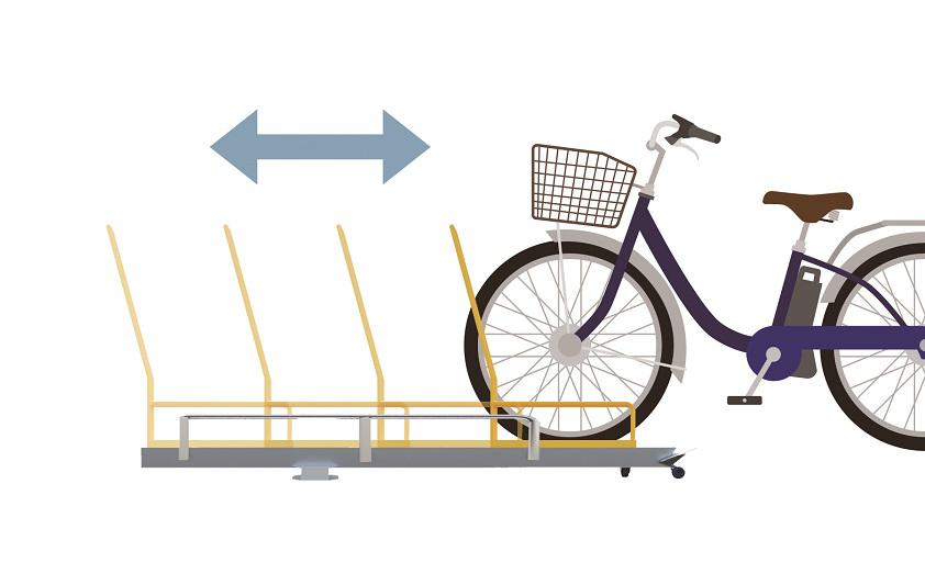 自転車とともに前後へ動き、自転車の収容をサポートする前輪カート。