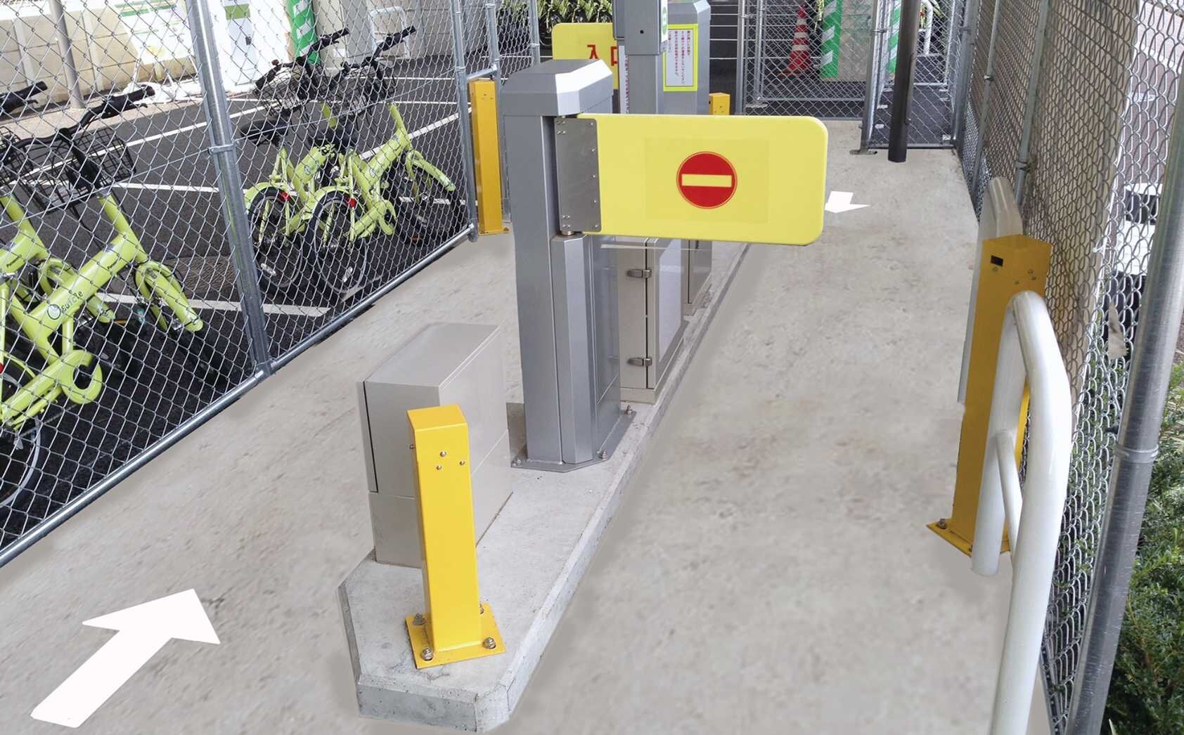 ゲート式駐輪場：SCGT100を駐輪場の出入口に設置し、自転車の入出庫を管理。