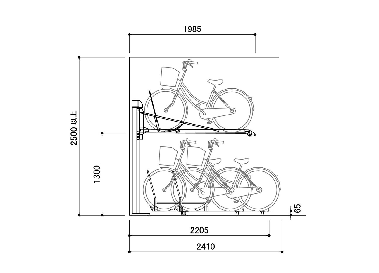 垂直2段式自転車ラック：BC-W-ARSの駐輪場断面図。