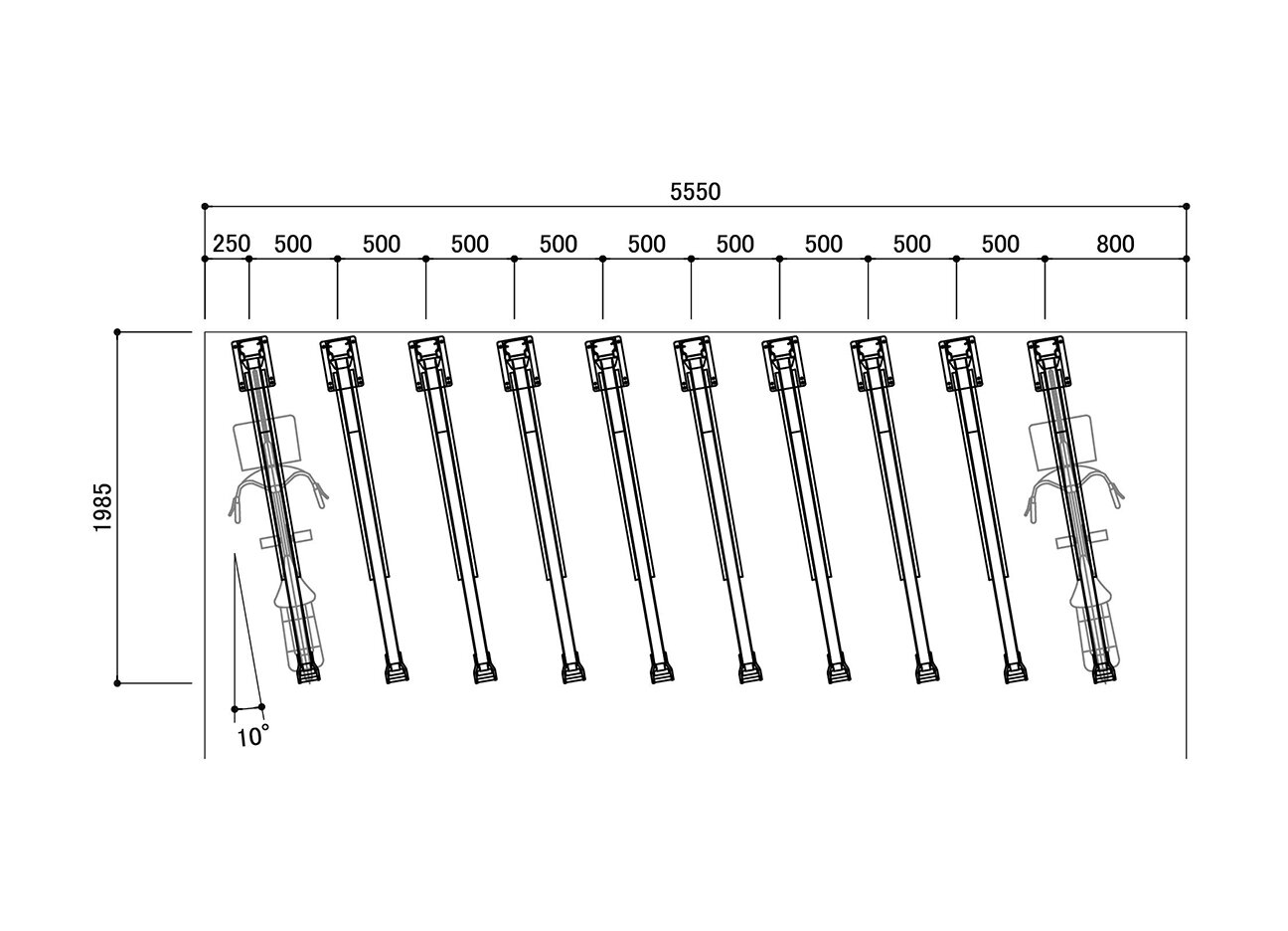 垂直2段式自転車ラック：BC-W-ARSの駐輪場平面図（上段）。