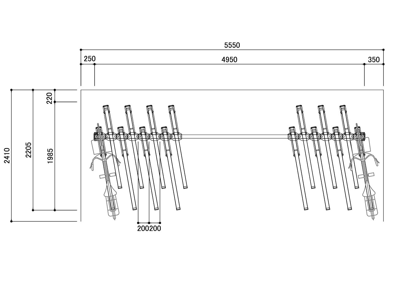垂直2段式自転車ラック：BC-W-ARSの駐輪場平面図（下段）。