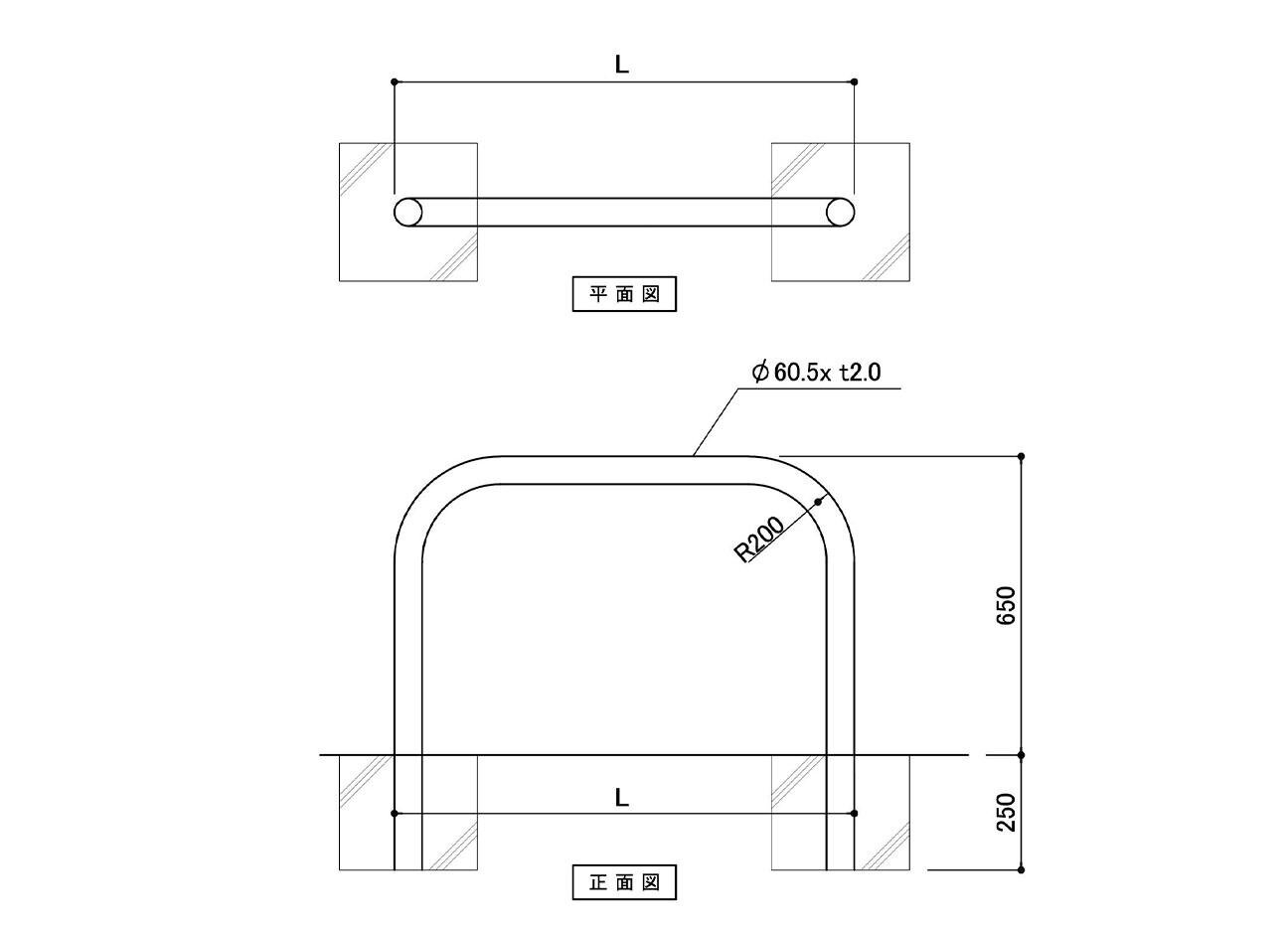 転倒防止SUSパイプ（埋め込み式）の駐輪場立面図。