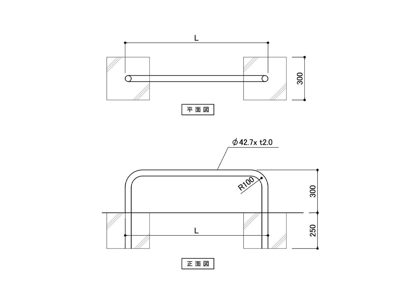 盗難防止SUSパイプ（埋め込み式）の駐輪場立面図。